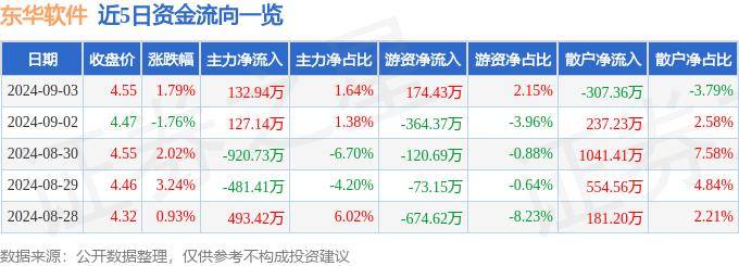 股票行情快报：东华软件（002065）9月3日主力资金净买入132.94万元