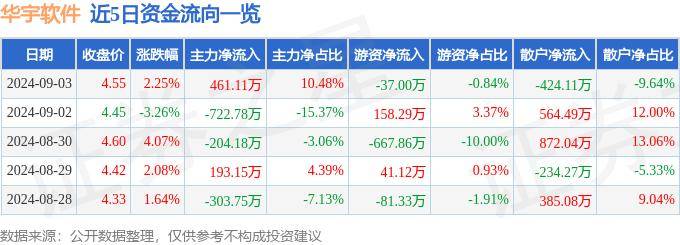 股票行情快报：华宇软件（300271）9月3日主力资金净买入461.11万元