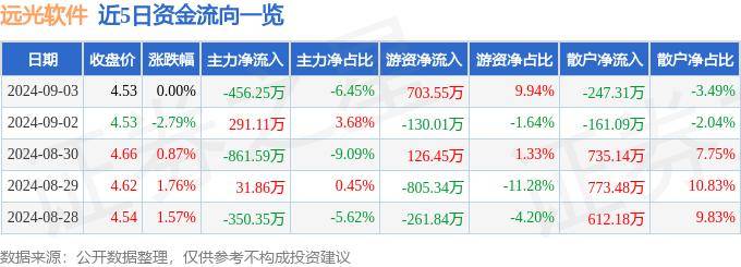 股票行情快报：远光软件（002063）9月3日主力资金净卖出456.25万元